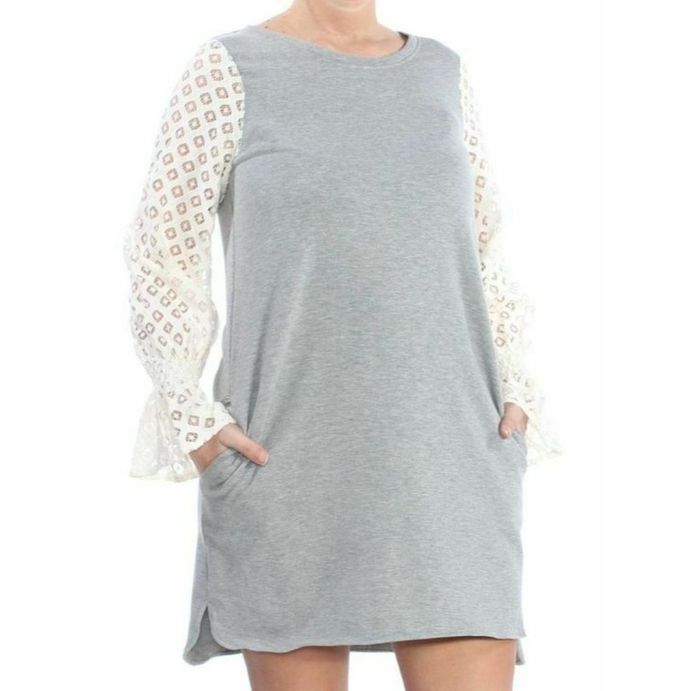 Women's Kensie Sweatshirt Dress Sz XL Gray Lace Long-Sleeve Pockets Knee Length